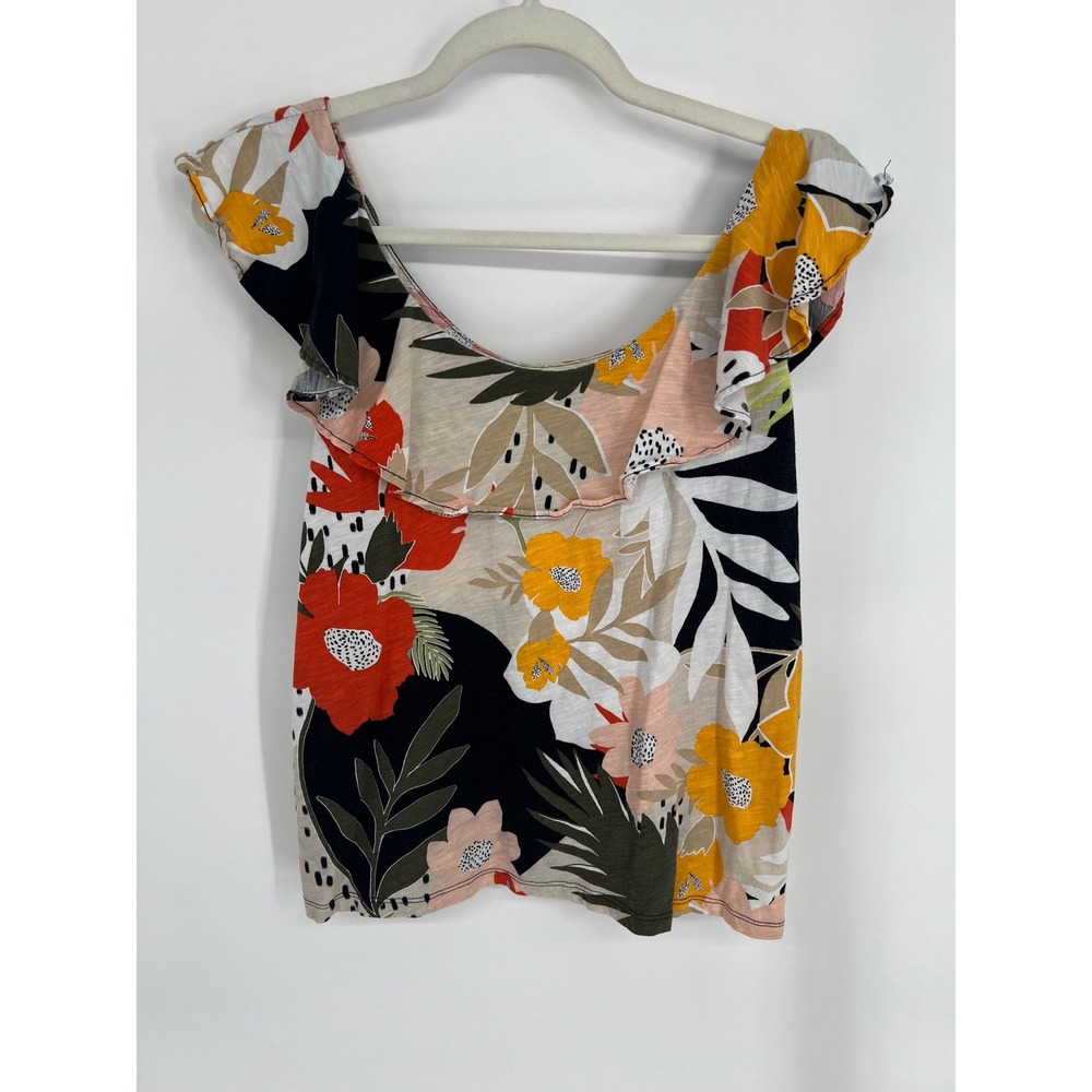 LOFT Womens Floral Ruffle Scoop Neck Top Multicolor Botanical Slub Knit‎ Size M